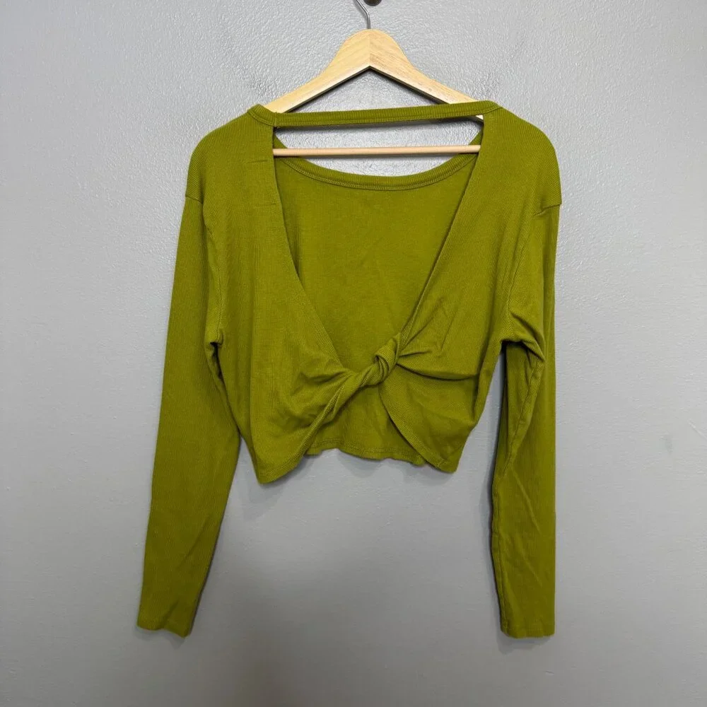 SATURDAY SUNDAY ANTHROPOLOGIE green rib knit long sleeve plunging back tee size